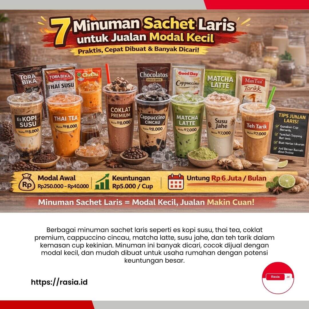 minuman sachet laris seperti es kopi susu thai tea coklat cappuccino cincau matcha latte susu jahe dan teh tarik untuk jualan