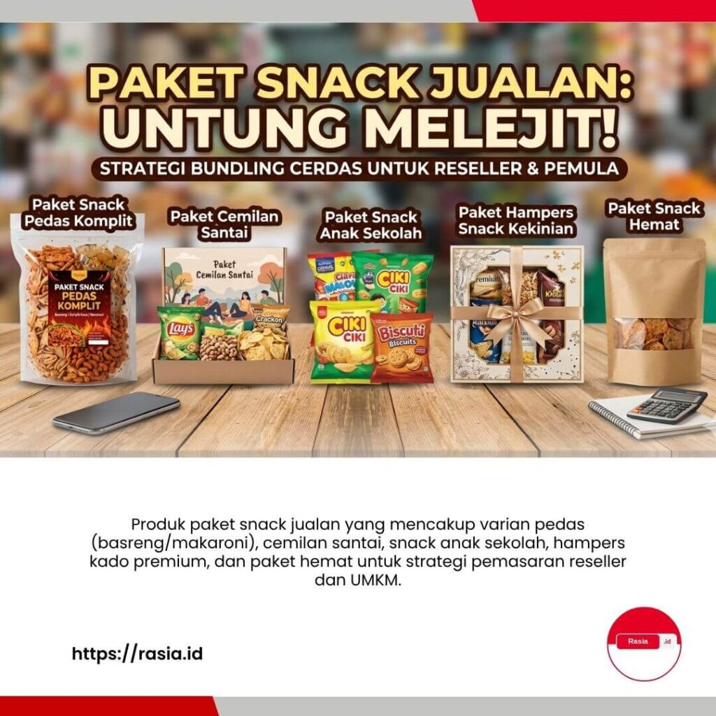Lima variasi paket snack jualan mulai dari paket pedas, cemilan santai, paket anak sekolah, hampers, hingga paket hemat untuk ide bisnis reseller.